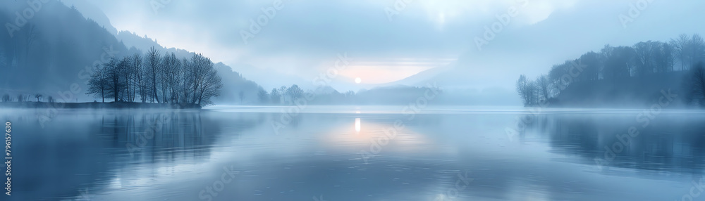 Serenity A tranquil lakeside at dawn, with gentle mist and soft light