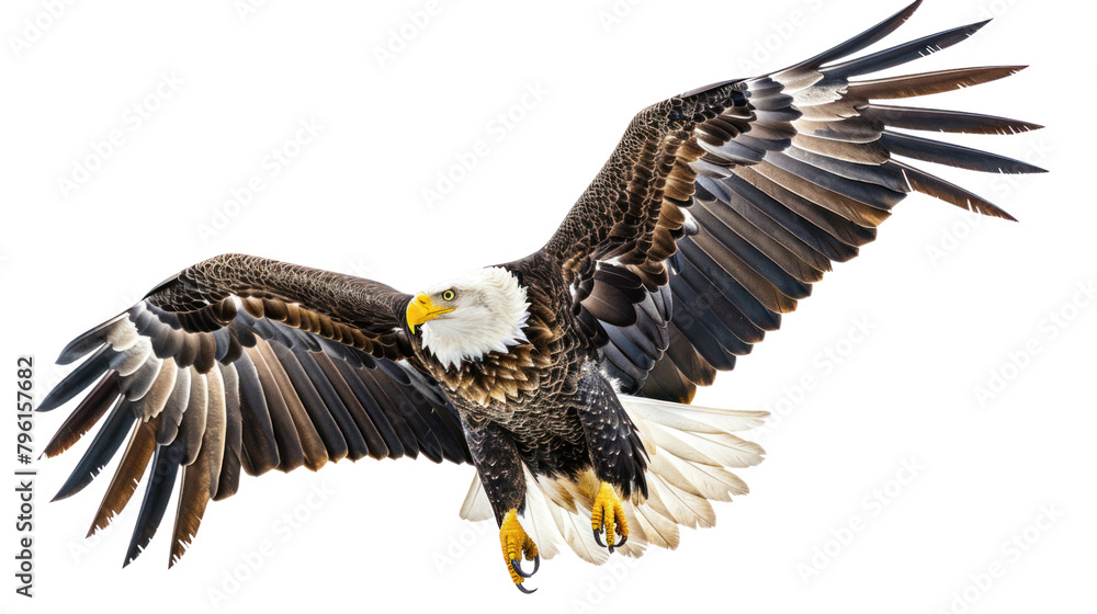 Fototapeta premium North American bald eagle in mid-air to hunt,on white background