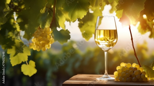 Organic white wine glass, background of grape vines, sunset lighting,