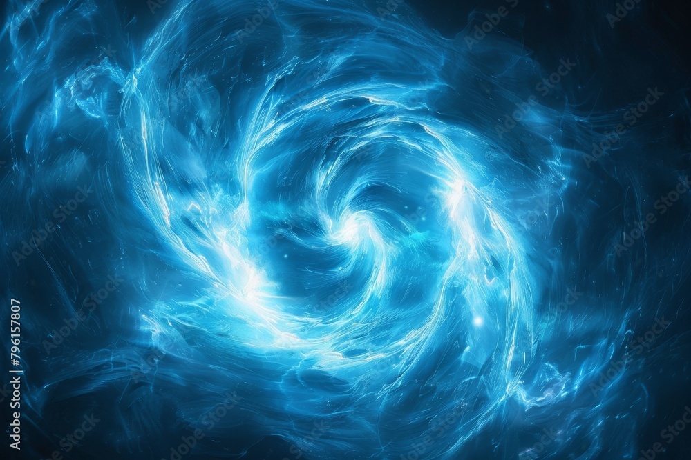 Abstract design features swirling energy fields in bright electric blue with dynamic motion effects