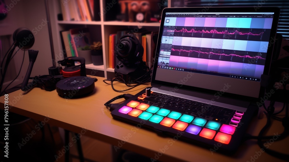 Beat maker programming rhythms using a MIDI drum pad and laptop in a compact home studio environment,