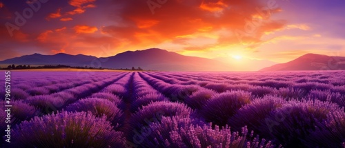 Organic lavender field at sunset, purple hues, focus on aromatherapy uses, photo