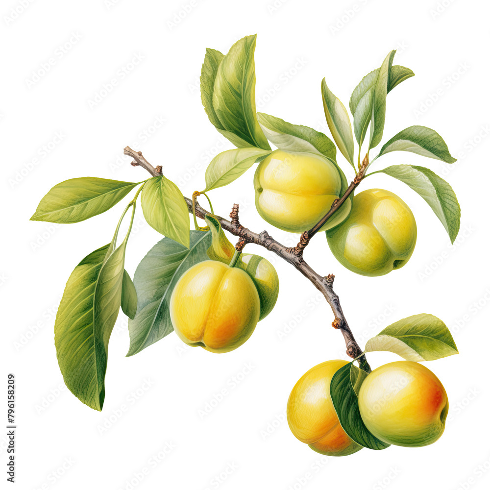 Watercolor yellow plum illustration isolated on transparent background.