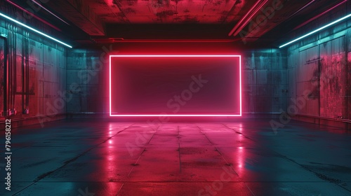 Futuristic neon square frame in a dark corridor