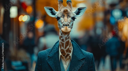 Graceful giraffe strolls through city streets in tailored splendor, epitomizing street style. The realistic urban setting captures the long-necked charm seamlessly merged with contemporary fashion all © Дмитрий Симаков