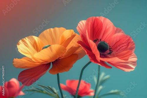 Abstract flowers  exaggerated digital renderings with a 3D pop-art effect  bright and bold against a minimal background