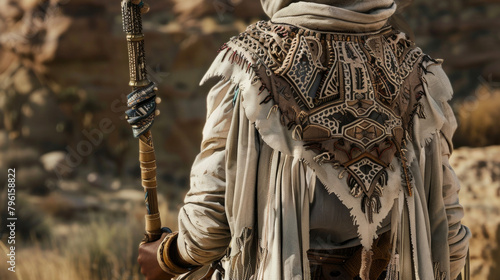 Deep in the heart of the Western desert a nomadic outlaw roams the land their structured vest adorned with intricate lace patterns. They carry a staff with mysterious .