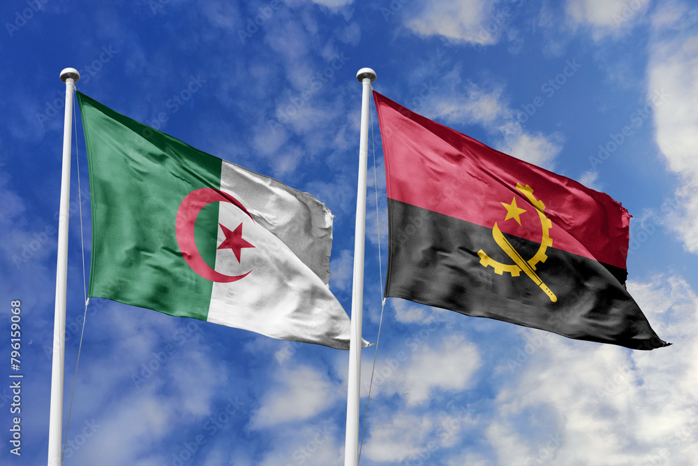 3d illustration. Algeria and Angola Flag waving in sky. High detailed waving flag. 3D render. Waving in sky. Flags fluttered in the cloudy sky. 3d illustration. Algeria and Angola Flag waving in sky. High detailed waving flag. 3D render. Waving in sky. Flags fluttered in the cloudy sky.