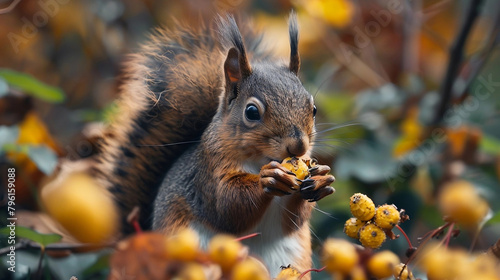 Squirrel Feasting on Berries in Autumn Foliage