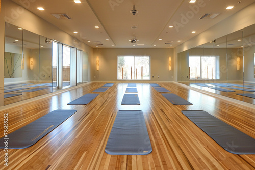 Tranquil Yoga Studio: Serene Atmosphere with Bamboo Floors and Mirrored Walls, Prepared Mats for Class © ralf