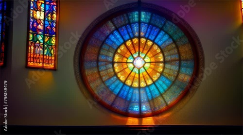 Stained glass window in cathedral interior. A stunning view showcasing the architectural beauty and serene atmosphere inside the historic church. 