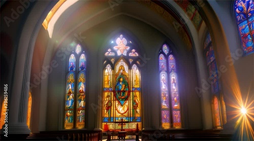 Stained glass window in cathedral interior. A stunning view showcasing the architectural beauty and serene atmosphere inside the historic church. 