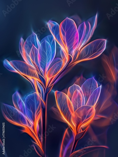 Abstract flowers, ultra-modern look with neon outlines and shadow effects, abstract botanical theme