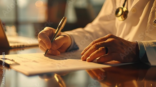 Close-up shot of a doctor's hand, holding an ink pen and writing a medical document in his office