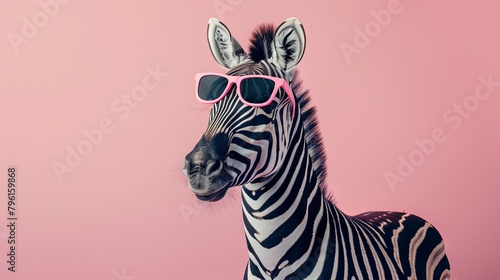 Stylish zebra wearing sunglasses on pink background
