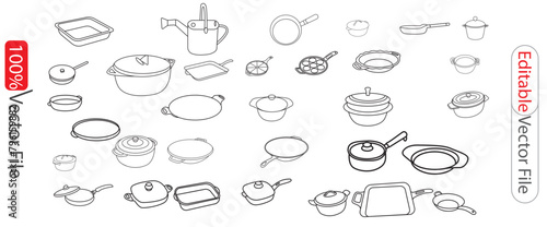 Cookware and tableware editable stroke outline icons set isolated on white background flat vector illustration. Pixel perfect. 64 x 64. lodge cookware plate vector. Dishes icons set. Cookware,