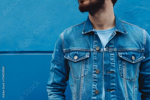 Modern twist on classic look with double denim ensemble in bright blue. Concept Double Denim, Modern Style, Bright Blue, Classic Look, Fashion Twist photo