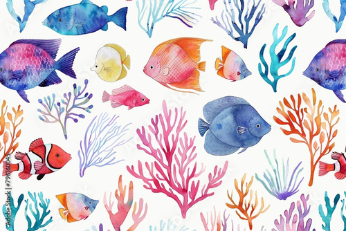 Fototapeta Naklejka Na Ścianę i Meble -  Seamless watercolor fish and coral reef pattern