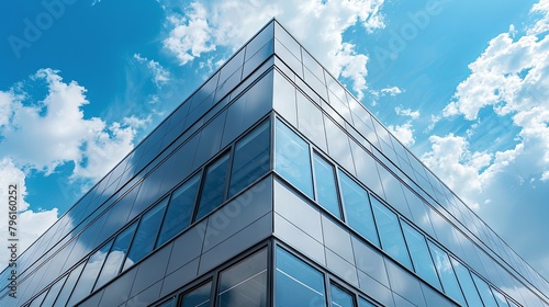 Corporate glass building against blue sky with clouds