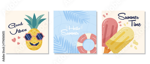 Set of summer posters with cute illustrations, a pineapple character wearing sunglasses, and an ice cream illustration. Vector illustration set for a vacation advertising poster template.