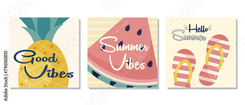 Summer posters set with watermelon, pineapple, and flip-flops. Vector illustration set collection could be used for banner or poster design. 