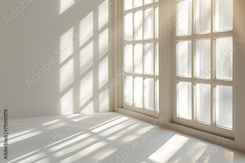 Sunlight through large window illuminates white room