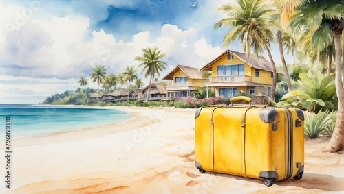 Watercolor yellow suitcase on a tropical beach is a trip to the sea in a warm summer climate, a vacation tour in hotel.