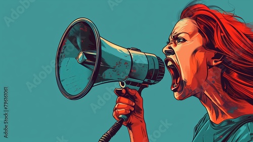 Illustration of a woman shouting into a megaphone with intense emotion on a teal background.