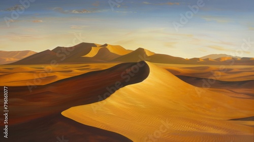 A golden sunrise casting long shadows across a desert landscape  painting the sand dunes in warm hues