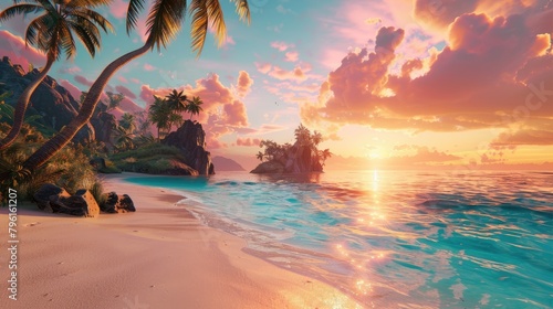 Tropical Beach Sunset with Palm Trees and Calm Ocean Waves