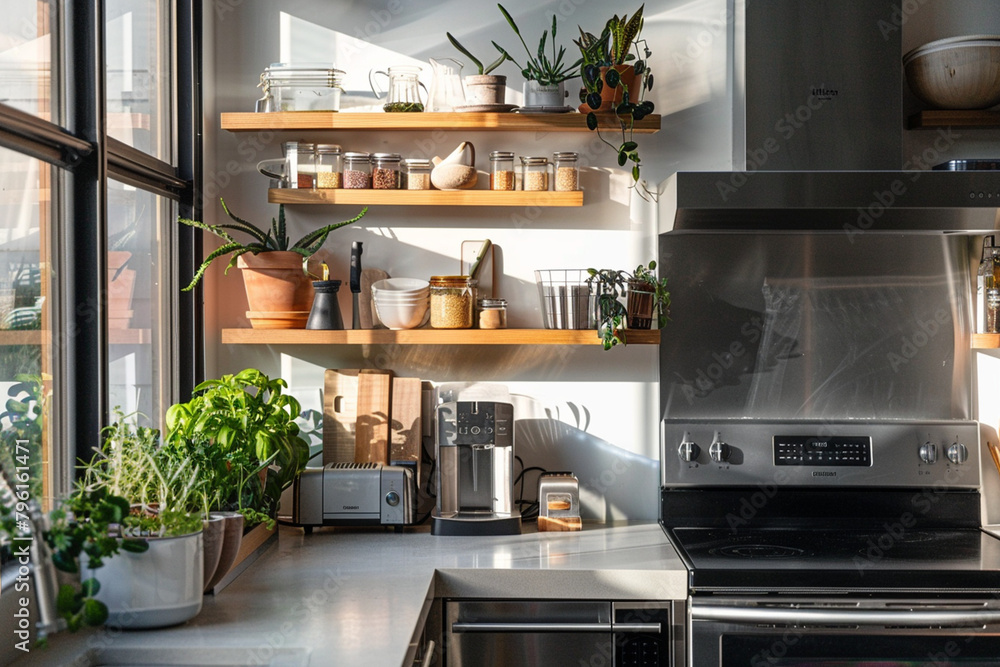 Modern urban kitchen interior with stainless steel appliances, open shelving, and herb garden on windowsill. Contemporary small kitchen design concept with industrial accents. Modern urban kitchen interior with stainless steel appliances, open shelving, and herb garden on windowsill. Contemporary small kitchen design concept with industrial accents.