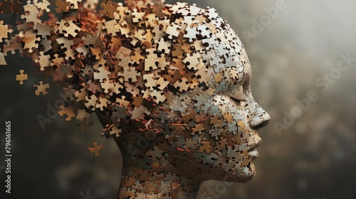 The adult female human head look at side view in the contemplation that has been created from the scattered and uncompleted colourful jigsaw puzzles by gather them in form of the woman head. AIGX03.