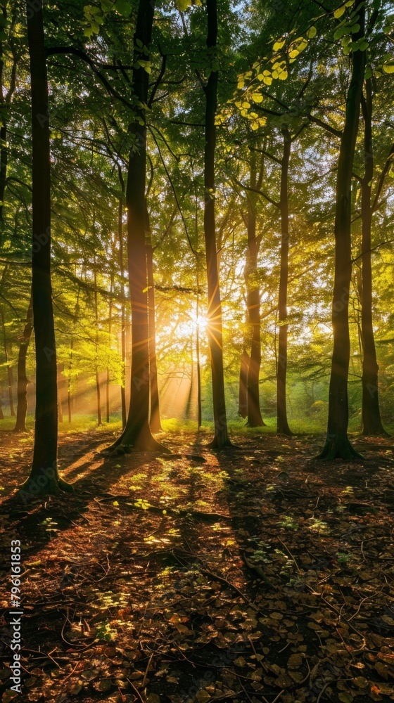 Fototapeta premium A panoramic view of a forest at sunset, with sunlight filtering through the leaves and casting a warm glow on the forest floor