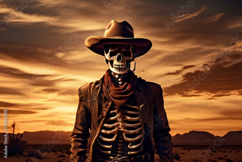 Skeleton cowboy with hat and desert background.