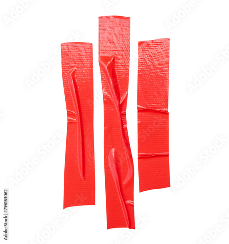 Top view set of  wrinkled red adhesive vinyl tape or cloth tape in stripes shape isolated on white background with clipping path