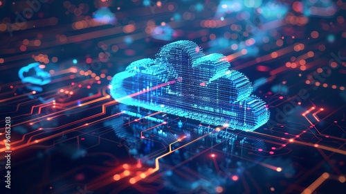 Cloud Computing: A 3D vector illustration of a cloud with data flowing into it from various devices