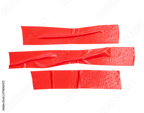 Top view set of wrinkled red adhesive vinyl tape or cloth tape in stripes shape isolated with clipping path in png file format