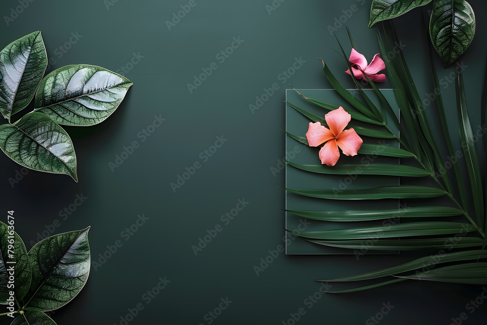 Obraz premium Stylish elegant flat lay dark green floristic greeting invitation post card with copy space mockup.