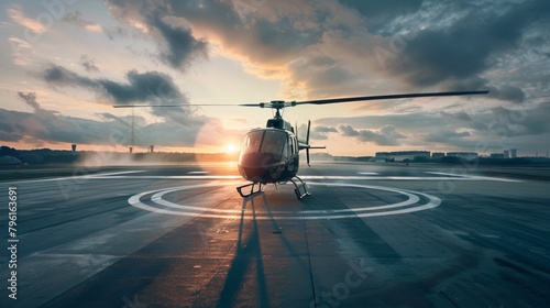 A helicopter hovering above a helipad, rotor blades spinning as it prepares to touch down with precision, showcasing the versatility and utility of rotary-wing aircraft. photo