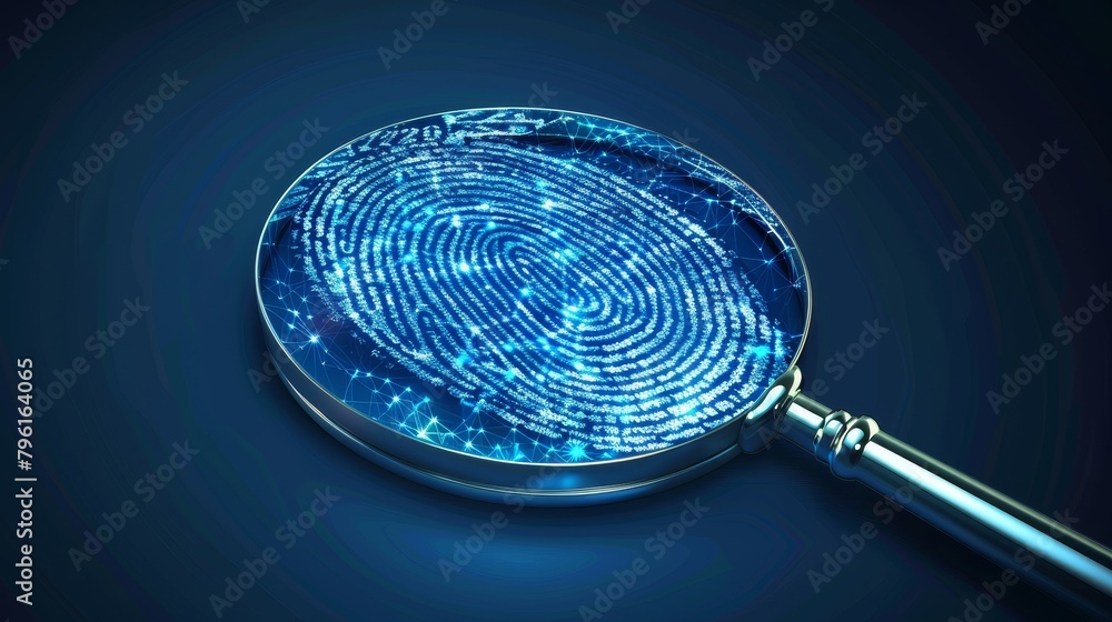 Cybersecurity: A vector illustration of a magnifying glass scanning a digital fingerprint Cybersecurity: A vector illustration of a magnifying glass scanning a digital fingerprint