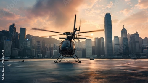 A helicopter lifting off from a helipad against the backdrop of a modern city skyline, a symbol of urban mobility and efficiency in transportation. photo