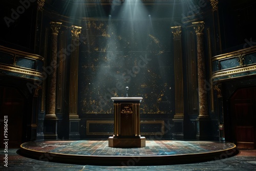 Sumptuous stage design featuring a gilded podium basking in the spotlight against a black backdrop photo