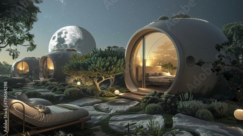 The pod hotels rooftop terrace houses a tranquil moon garden where guests can relax and marvel at the surreal beauty of a lunar landscape. 2d flat cartoon.