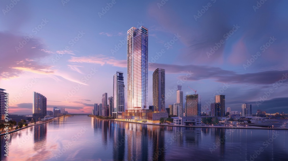 A high-rise building rises above the riverbank, its mirrored surface reflecting the surrounding cityscape in a stunning display of urban elegance.