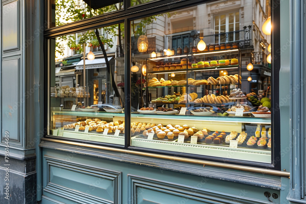 Showcase of artisan pastries like eclairs, cream puffs, and macarons in a chic patisserie window, street view