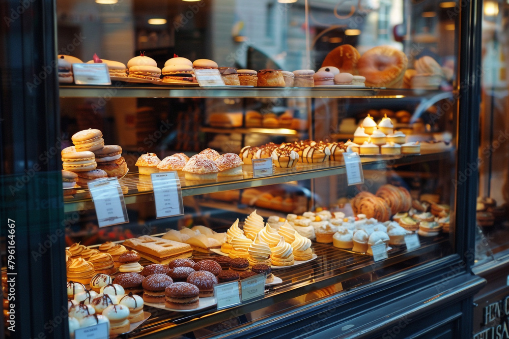 Showcase of artisan pastries like eclairs, cream puffs, and macarons in a chic patisserie window, street view