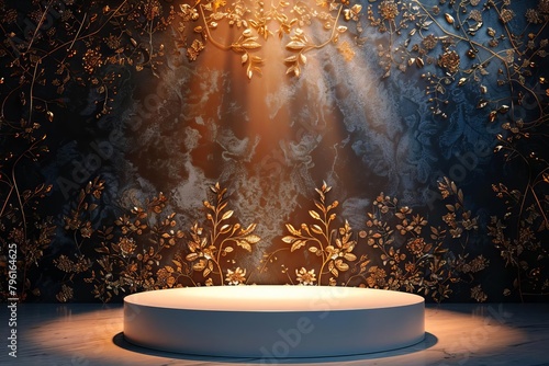 An ethereal white podium commands attention, its graceful silhouette bathed in a warm, inviting glow that accentuates the luxurious black backdrop adorned with delicate golden flourishes photo