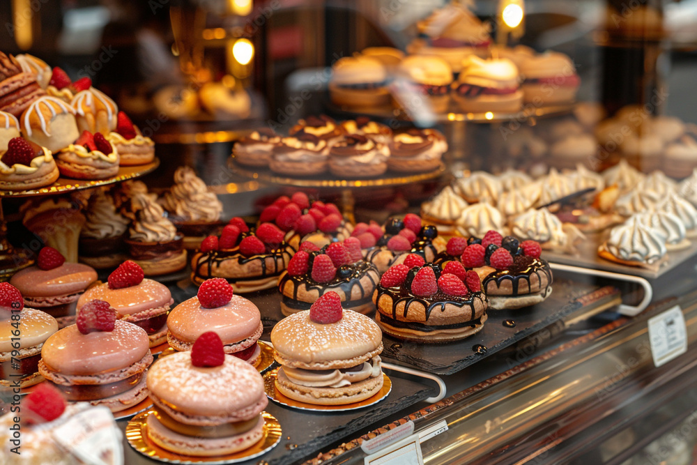 Showcase of artisan pastries like eclairs, cream puffs, and macarons in