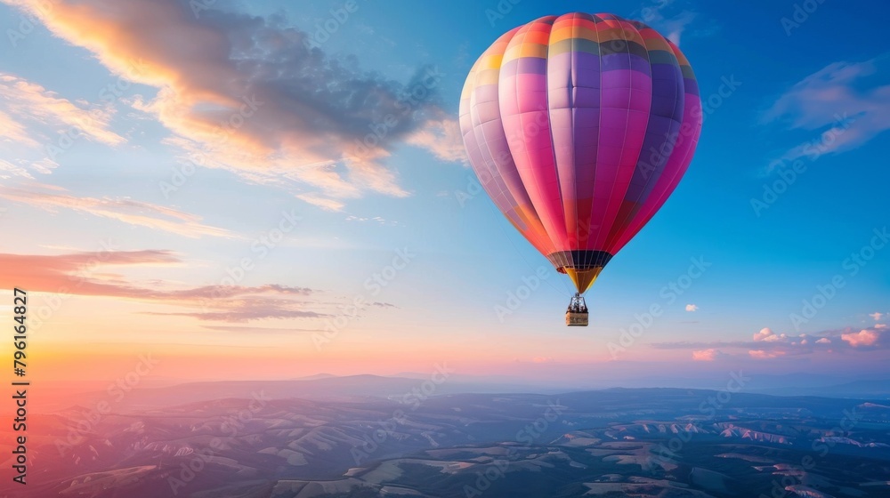 Fototapeta premium A hot air balloon ascending into the early morning sky, its colorful envelope glowing in the dawn light as it carries passengers on a tranquil journey above the earth.