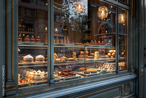 Showcase of artisan pastries like eclairs, cream puffs, and macarons in a chic patisserie window, street view photo